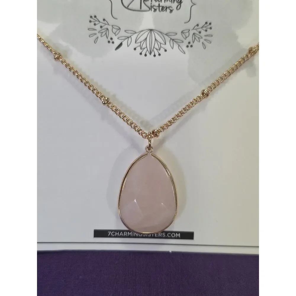 Rose Quartz Teardrop Pendant Necklace On Gold Tone Satellite Station Chain